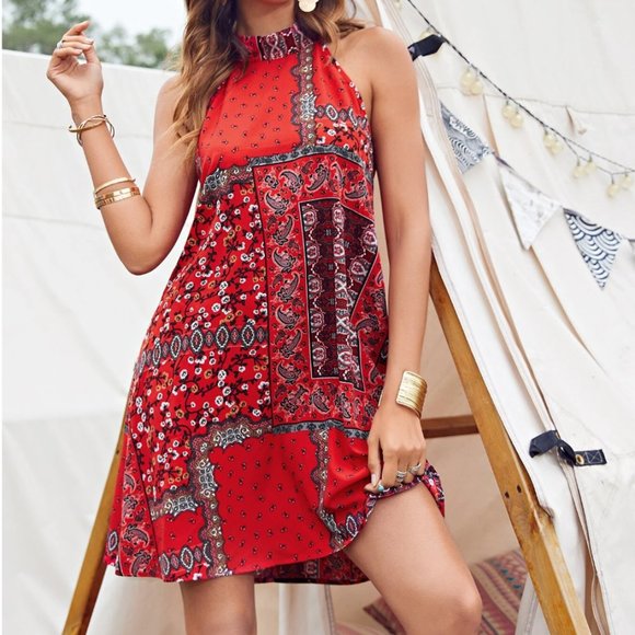 Tie Back Paisley Print Halter Dress - Picture 3 of 8